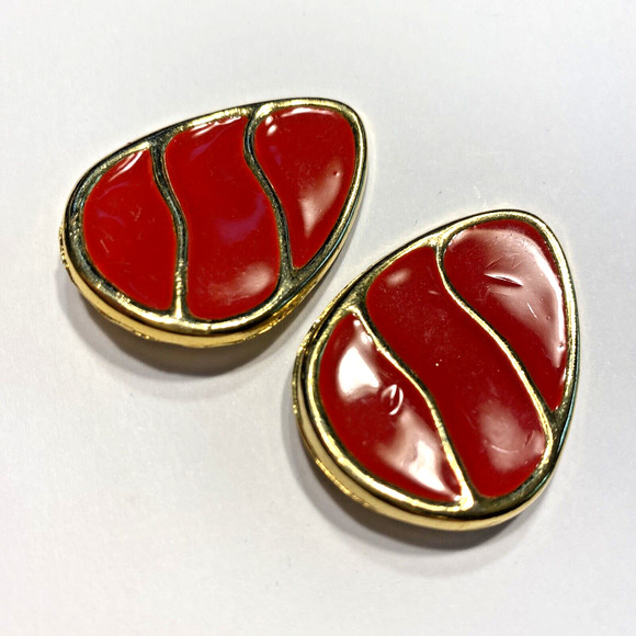 Red Shoe Clips Vintage 1980's Chunky Goldtone & Enamel Finish Egg Shaped Ovals - Picture 3 of 7